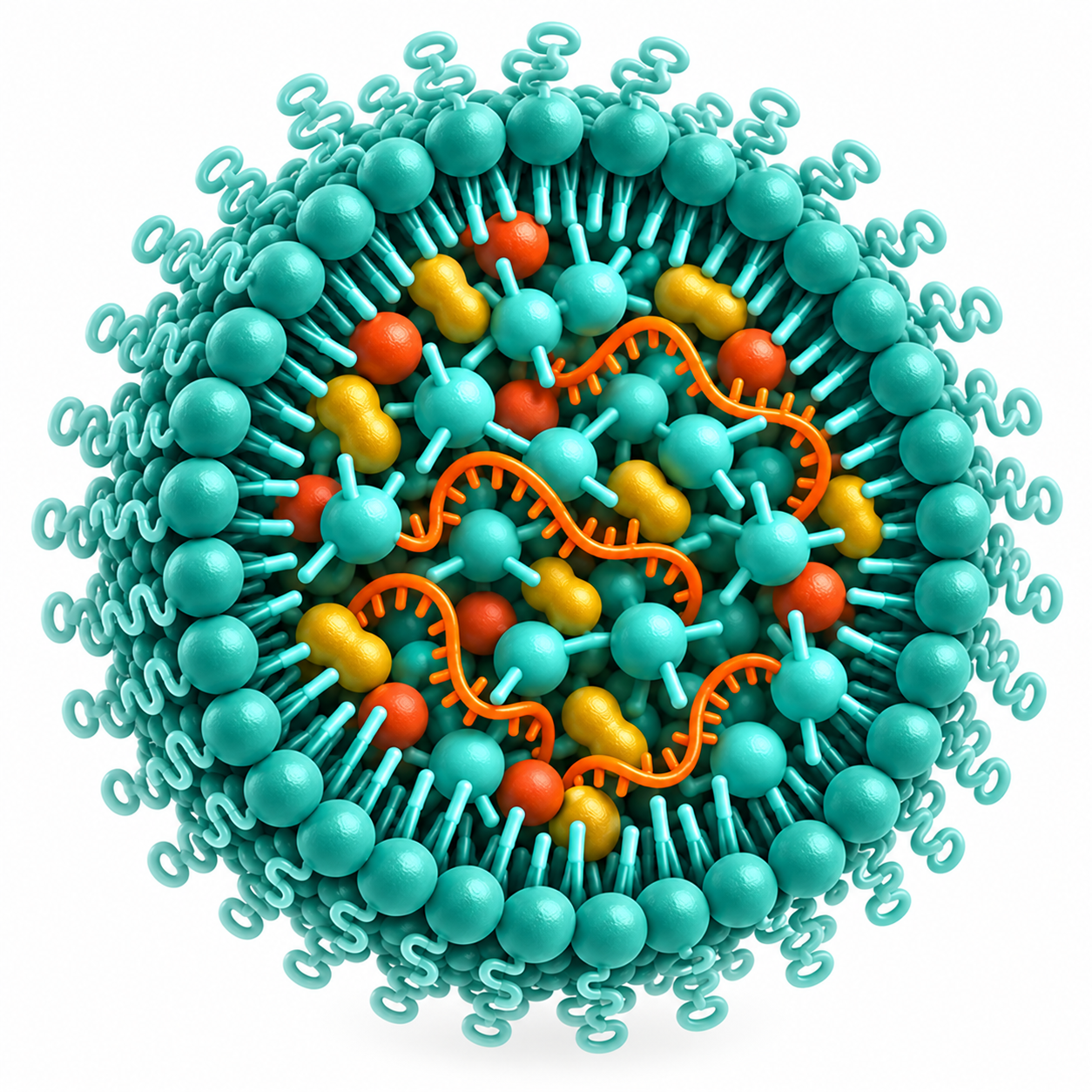 Cutaway illustration of an mRNA lipid nanoparticle