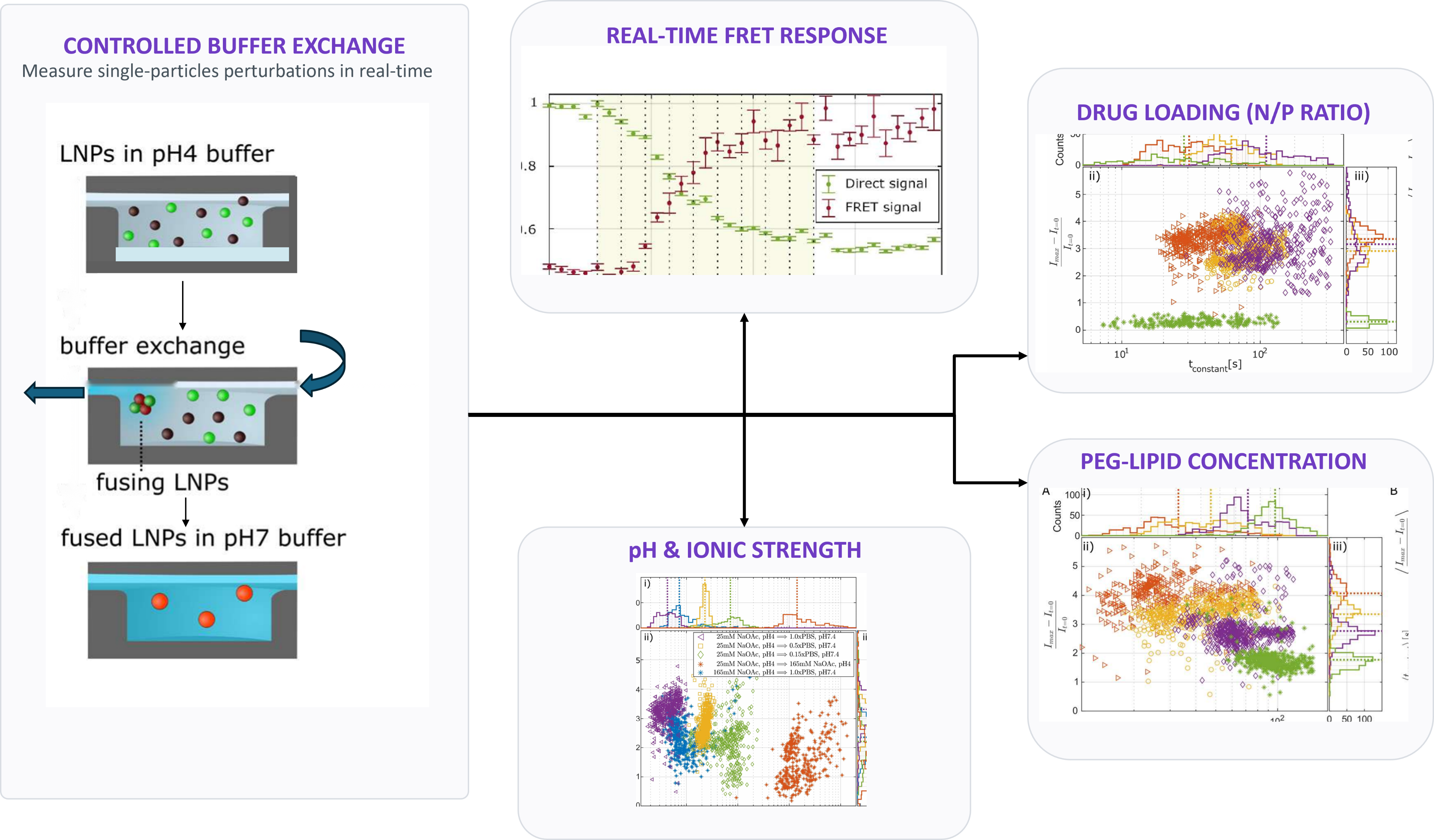 Controlled buffer exchange and real-time FRET response, with measurements across pH, ionic strength, drug loading, and PEG-lipid concentration.